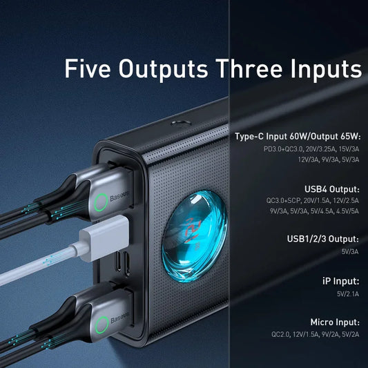 Baseus 65W 30000mAh Power Bank – PD Fast Charging for Laptop, Tablet, iPhone 15, and Samsung